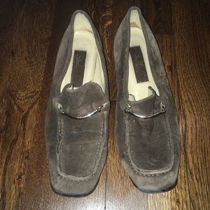 Shoestrings brown leather suede loafers w/buckle